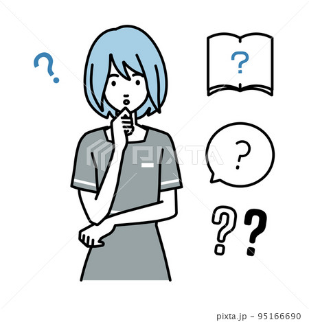 立って手をあごにあてて疑問を感じているエステ店員・受付・接客係の女性 クエスチョンマークのセット 立って手をあごにあてて疑問を感じているエステ店員・受付・接客係の女性 クエスチョンマークのセット 95166690