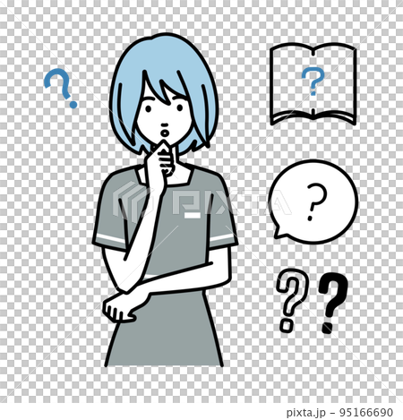 立って手をあごにあてて疑問を感じているエステ店員・受付・接客係の女性 クエスチョンマークのセット 立って手をあごにあてて疑問を感じているエステ店員・受付・接客係の女性 クエスチョンマークのセット 95166690