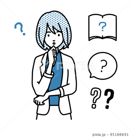 立って手をあごにあてて疑問を感じているジャケットの女性 クエスチョンマークのセット 95166691