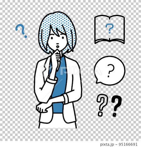 立って手をあごにあてて疑問を感じているジャケットの女性 クエスチョンマークのセット 95166691