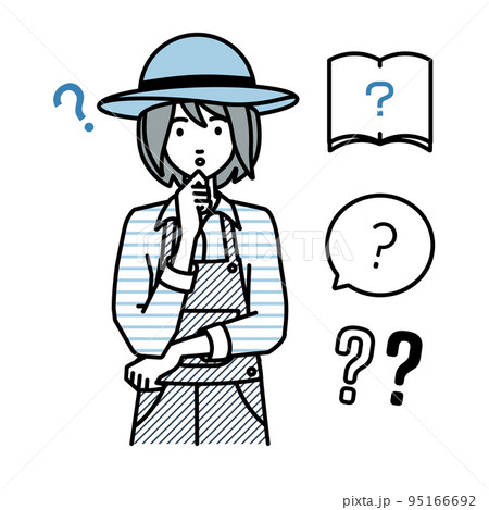 立って手をあごにあてて疑問を感じている農家の女性 クエスチョンマークのセット 95166692