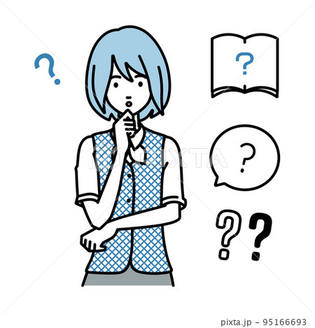 立って手をあごにあてて疑問を感じている事務員制服の女性 クエスチョンマークのセット 95166693