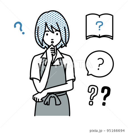 立って手をあごにあてて疑問を感じている店員の女性 クエスチョンマークのセット 95166694