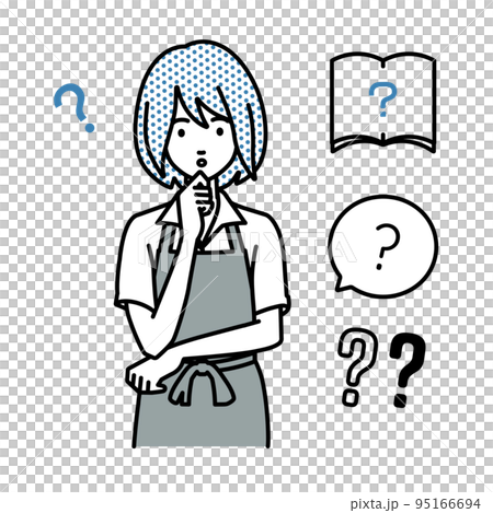 立って手をあごにあてて疑問を感じている店員の女性 クエスチョンマークのセット 95166694