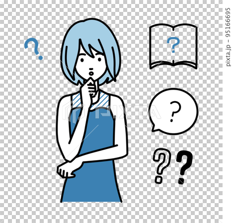立って手をあごにあてて疑問を感じているドレスの女性 クエスチョンマークのセット 95166695