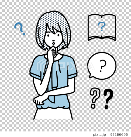 立って手をあごにあてて疑問を感じているオフィスカジュアルの女性 クエスチョンマークのセット 95166696