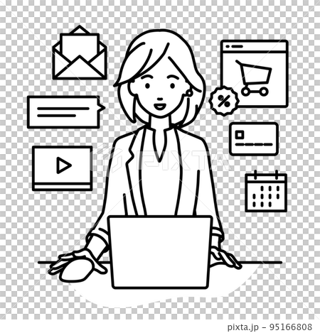 一位身穿夾克的女士在辦公桌前的電腦前進行研究、數據分析和撰寫報告 95166808