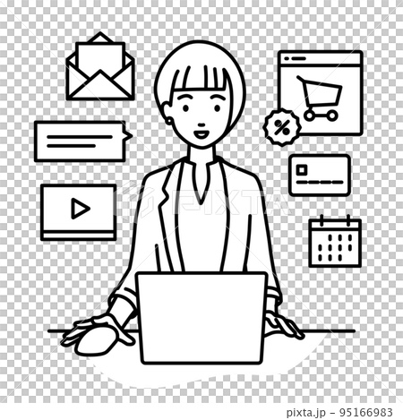 一位身穿夾克的女性在辦公桌前的電腦前進行研究、數據分析和撰寫報告研究、雲、 95166983