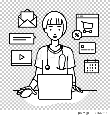 一名女護士在辦公桌前的電腦前進行研究、數據分析和撰寫報告 95166984