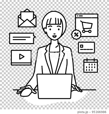 一位穿著西裝的女士在辦公桌前的電腦前做研究、數據分析和寫報告 95166986