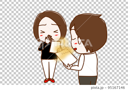 （上身斜在身後）男人嘴巴發臭，女人捂著鼻子看資料討論 95167146