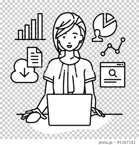 一位休閒的辦公室女性在辦公桌前的電腦前做研究、數據分析和寫報告 95167181