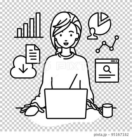 一名遠程工作女性在辦公桌前的 PC 前進行研究、數據分析和報告撰寫 95167182