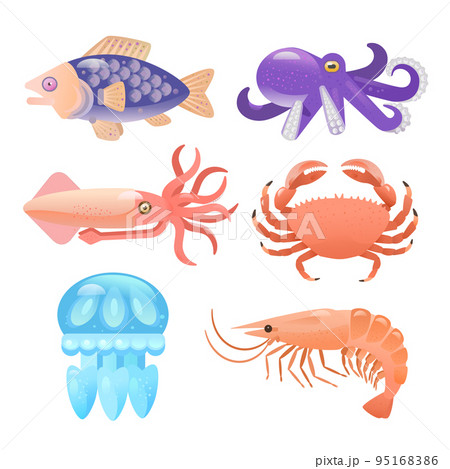 Set of sea animals. Fish, crab, mollusks and shrimp. Underwater marine creatures. Detailed vector clip art of sea food in cartoon style.  95168386