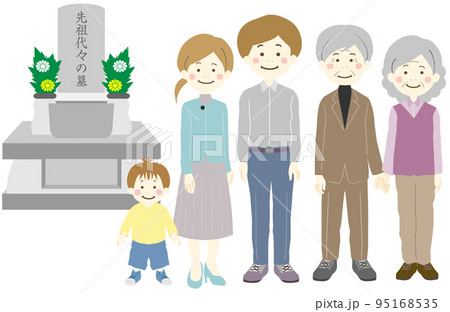 お墓参りをする三世帯家族 お墓参りをする三世帯家族 95168535
