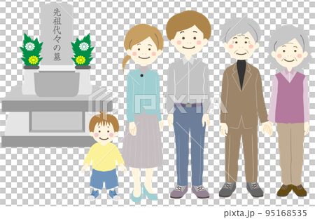 お墓参りをする三世帯家族 お墓参りをする三世帯家族 95168535