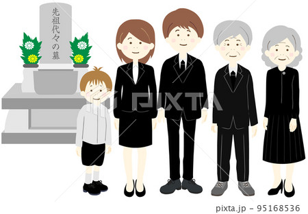 お墓参りをする喪服を着た三世帯家族 お墓参りをする喪服を着た三世帯家族 95168536