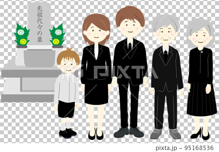 お墓参りをする喪服を着た三世帯家族 お墓参りをする喪服を着た三世帯家族 95168536