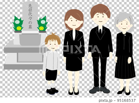 A family of three families wearing mourning clothes visiting a grave 95168537