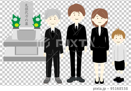 A family of three families wearing mourning clothes visiting a grave 95168538