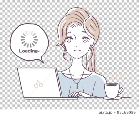 Poor internet connection, slow line, loading, laptop, PC, troubled woman, illustration material 95169089