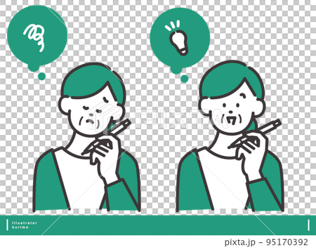 A woman thinking with a pen and a woman... A woman thinking with a pen and a woman... 95170392
