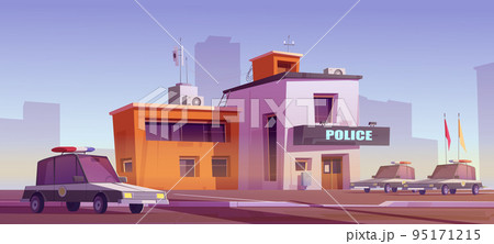 Cartoon police station building with patrol cars Cartoon police station building with patrol cars 95171215