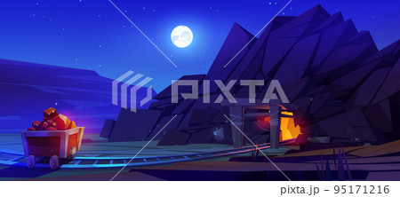 Gold mine with cart full of gold ingots on rails Gold mine with cart full of gold ingots on rails 95171216