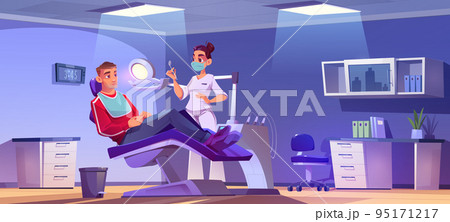 Cartoon male patient visiting female dentist Cartoon male patient visiting female dentist 95171217
