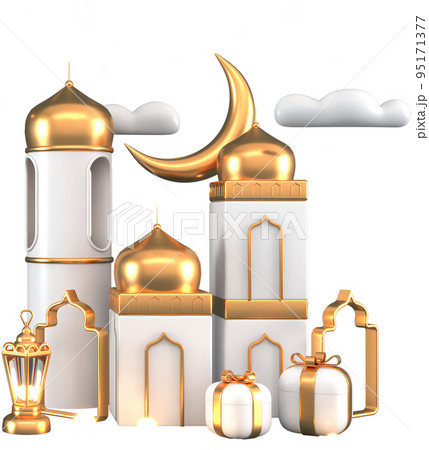 Ramadan Kareem Greeting elements background Islamic with decorative crescent moon , lantern , gift box , cloud , mosque , stars and arch   3d illustrator modern design. Gifts for holidays. 95171377