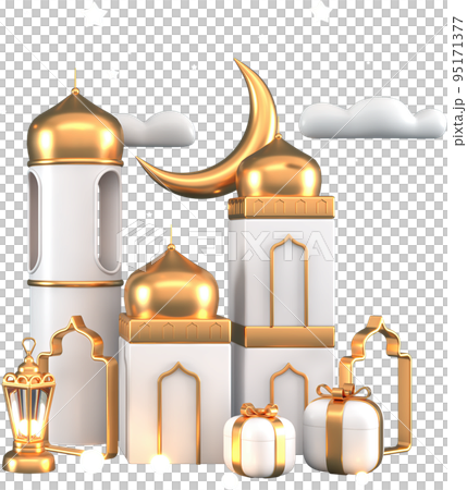 Ramadan Kareem Greeting elements background Islamic with decorative crescent moon , lantern , gift box , cloud , mosque , stars and arch   3d illustrator modern design. Gifts for holidays. 95171377