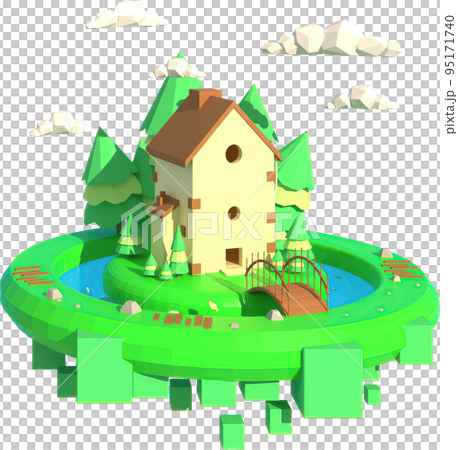 3D illustrator The big house is surrounded by water. 3d rendering Low Polygon Geometry. Lowpoly Minimal Style Art. 95171740