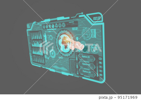 businessman finger touching a beam of light surrounded by charts and graphs virtual screen generation networks. 95171969