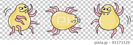 Three cartoon illustrations of mites Three cartoon illustrations of mites 95173320