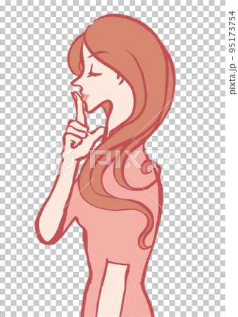 Sideways woman who closes her eyes and touches her lips with her index finger-white background 95173754
