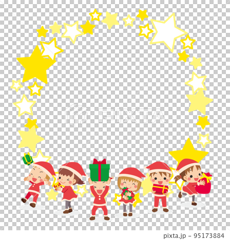 Illustration of cute children in Santa costumes having fun with presents Star frame Copy space 95173884