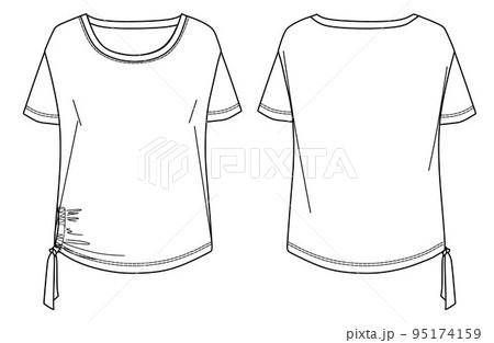 Vector short sleeved T-Shirt with side gathering fashion CAD, woman round neck T-Shirt technical drawing, sketch, template, flat, mock-up. Jersey or woven fabric top with front, back view, white color 95174159