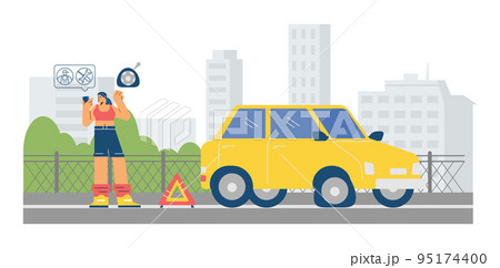Woman calling roadside car towing services flat cartoon vector illustration. 95174400