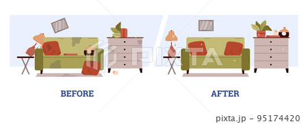Living or family room before and after clean up, vector illustrations isolated. Living or family room before and after clean up, vector illustrations isolated. 95174420
