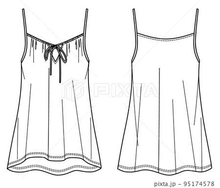 Vector summer tank top fashion CAD, sleeveless woman top with drawstring detail technical drawing, sketch, template, flat. Jersey or woven fabric blouse with front, back view, white color Vector summer tank top fashion CAD, sleeveless woman top with drawstring detail technical drawing, sketch, template, flat. Jersey or woven fabric blouse with front, back view, white color 95174578
