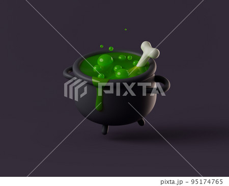 Simple halloween cartoon witch's boiling cauldron with bone inside 3d render illustartion. 95174765