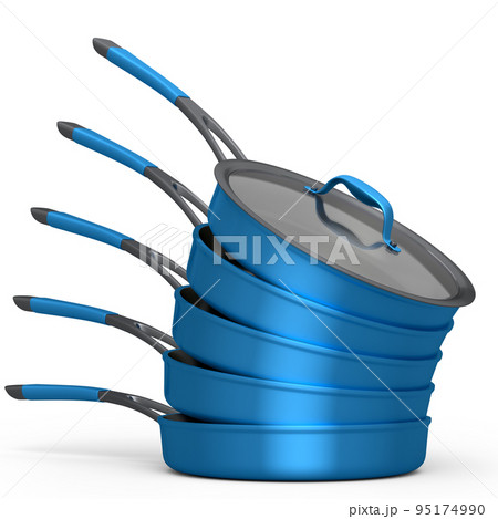 Stack of frying pan with glass lid on white, non-stick kitchen utensils 95174990