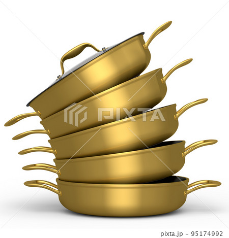 Set of stainless steel stewpot and chrome plated cookware on white background 95174992