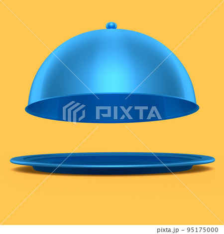 Silver tray with cloche ready to serve isolated on yellow background Silver tray with cloche ready to serve isolated on yellow background 95175000