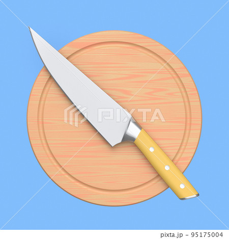 Chef's kitchen knife on a wooden board isolated on blue background. Chef's kitchen knife on a wooden board isolated on blue background. 95175004