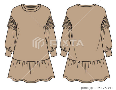 Vector round neck sweat dress fashion CAD, woman long sleeved dress with fringe trim technical drawing, template, sketch, flat 95175341