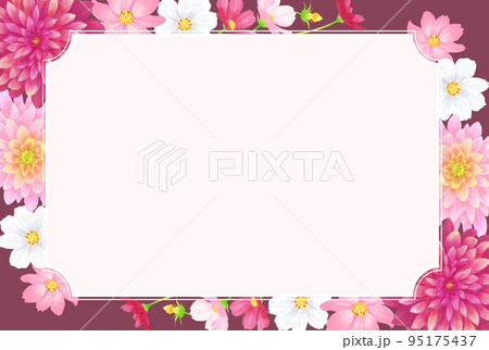 濃い色の背景と秋の花フレーム（ダリヤ、菊、コスモス） 95175437