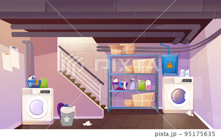 Cartoon basement with washing and dryer machine, stairs, boxes and basket 95175635
