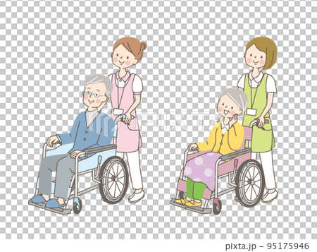 車椅子のシニア男女を介助する若い女性介護士 95175946