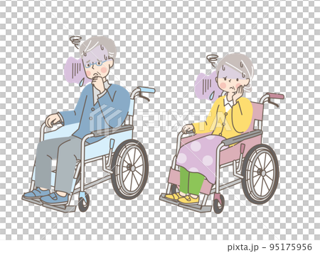 Male and female seniors in wheelchairs Anxiety Male and female seniors in wheelchairs Anxiety 95175956